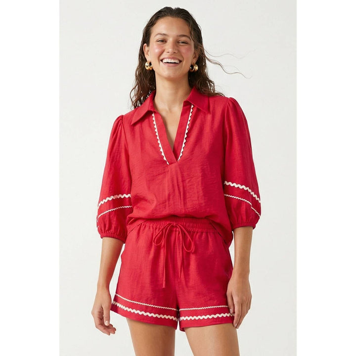 Puff Sleeve Linen Blouse: Red / S