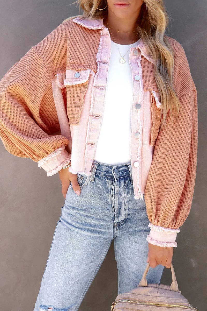 Waffle Patch Denim Jacket: PINK / M