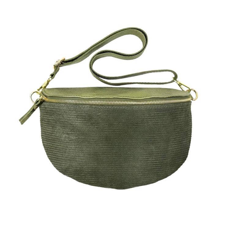 Large Suede and Leather Waist Bag: Olive Green