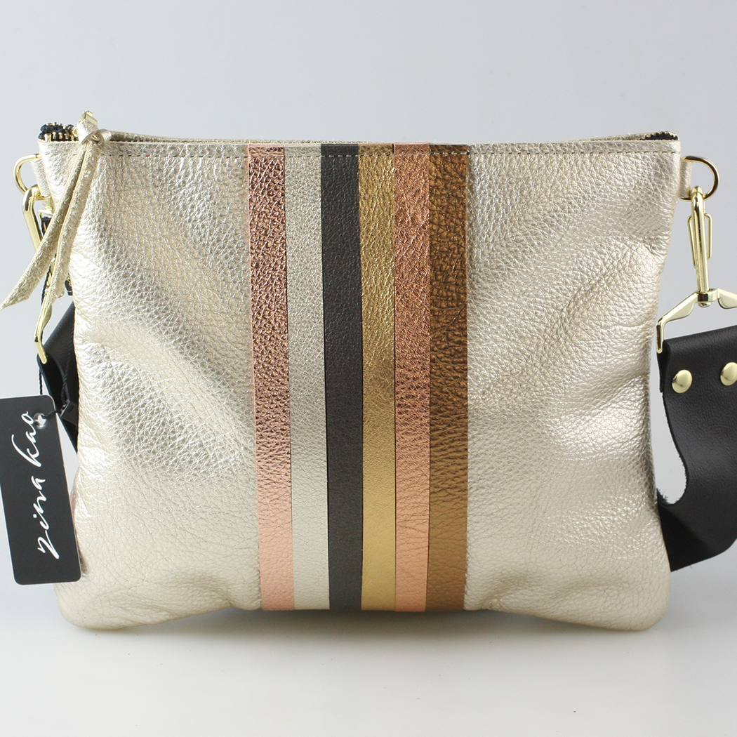 Neutral Stripe Taylor Crossbody: Gunmetal with Neutral Rainbow Stripes / Unlined / 9"x7.5"