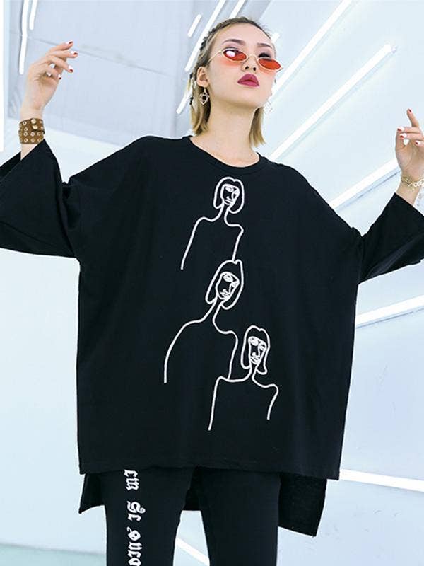 Embroidered Black&White Loose Round-Neck T-Shirt: BLACK / FREE SIZE