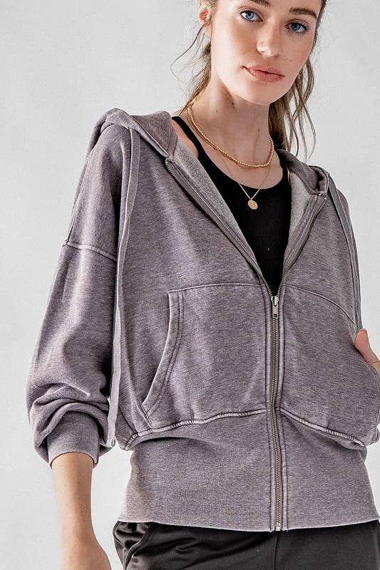 WASHED ZIP UP HOODIE JKT: BLUE FOG