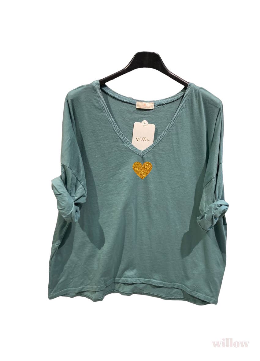 Gold heart long sleeve lurex collar top: Jeans