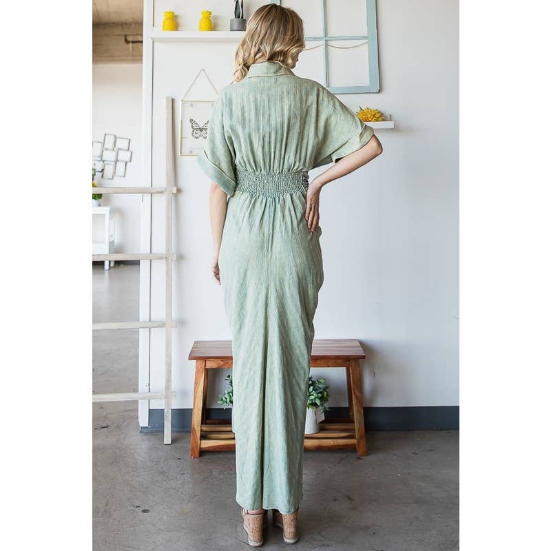 TIE WAIST BUTTON DOWN SHIRT DRESS: MINT