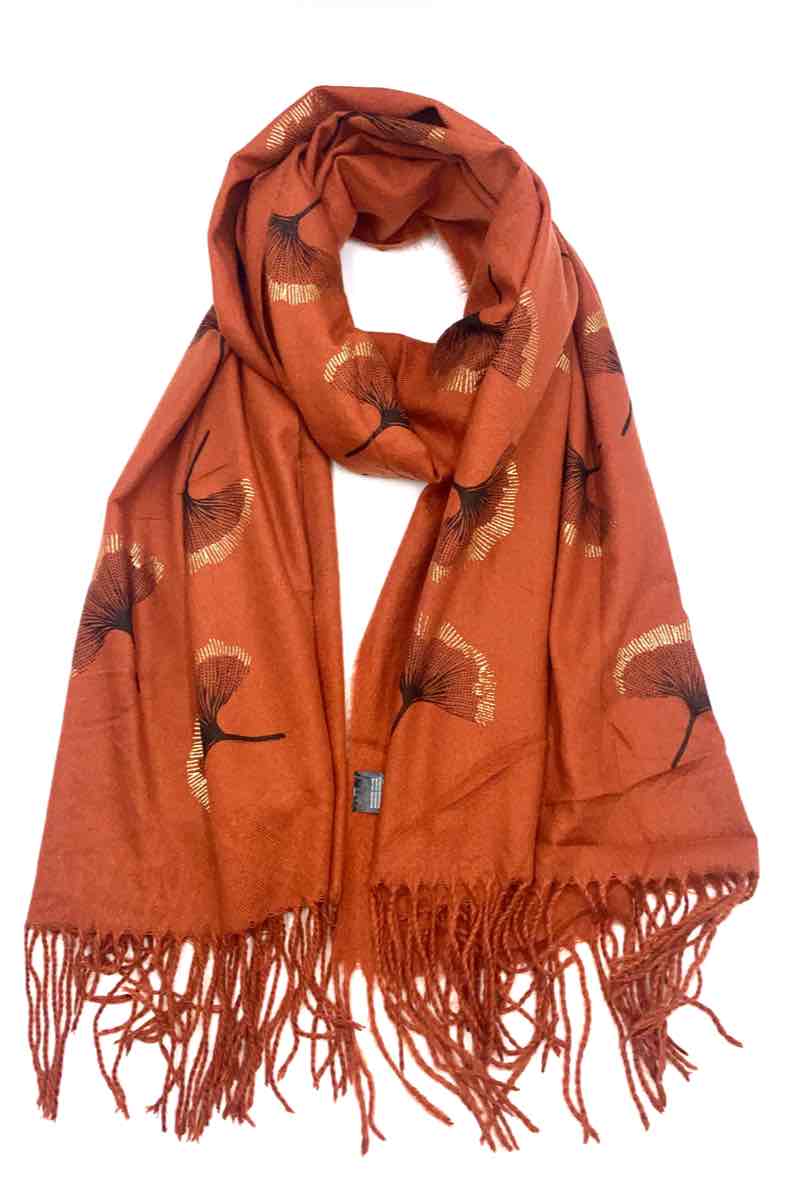 Gingko Leaf Pattern Soft Scarf: Ecru