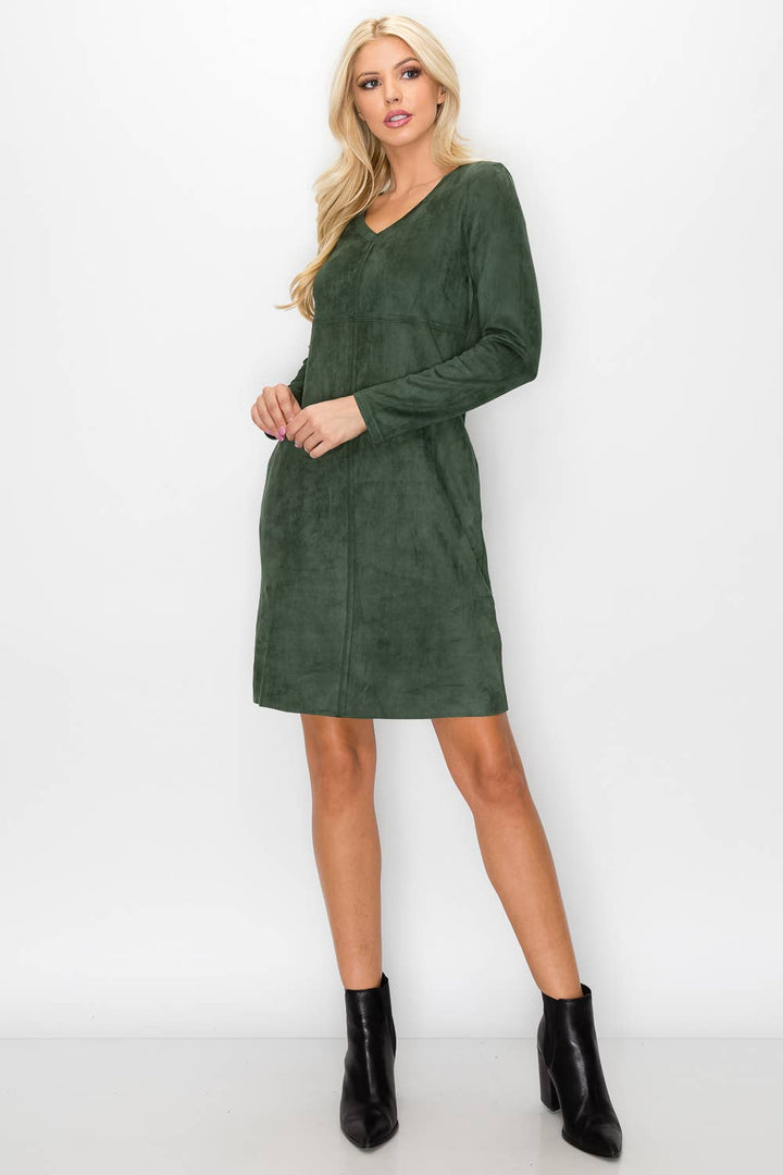 Aurora V-Neck Suede Dress: MAHOGANY / XS / 2059V