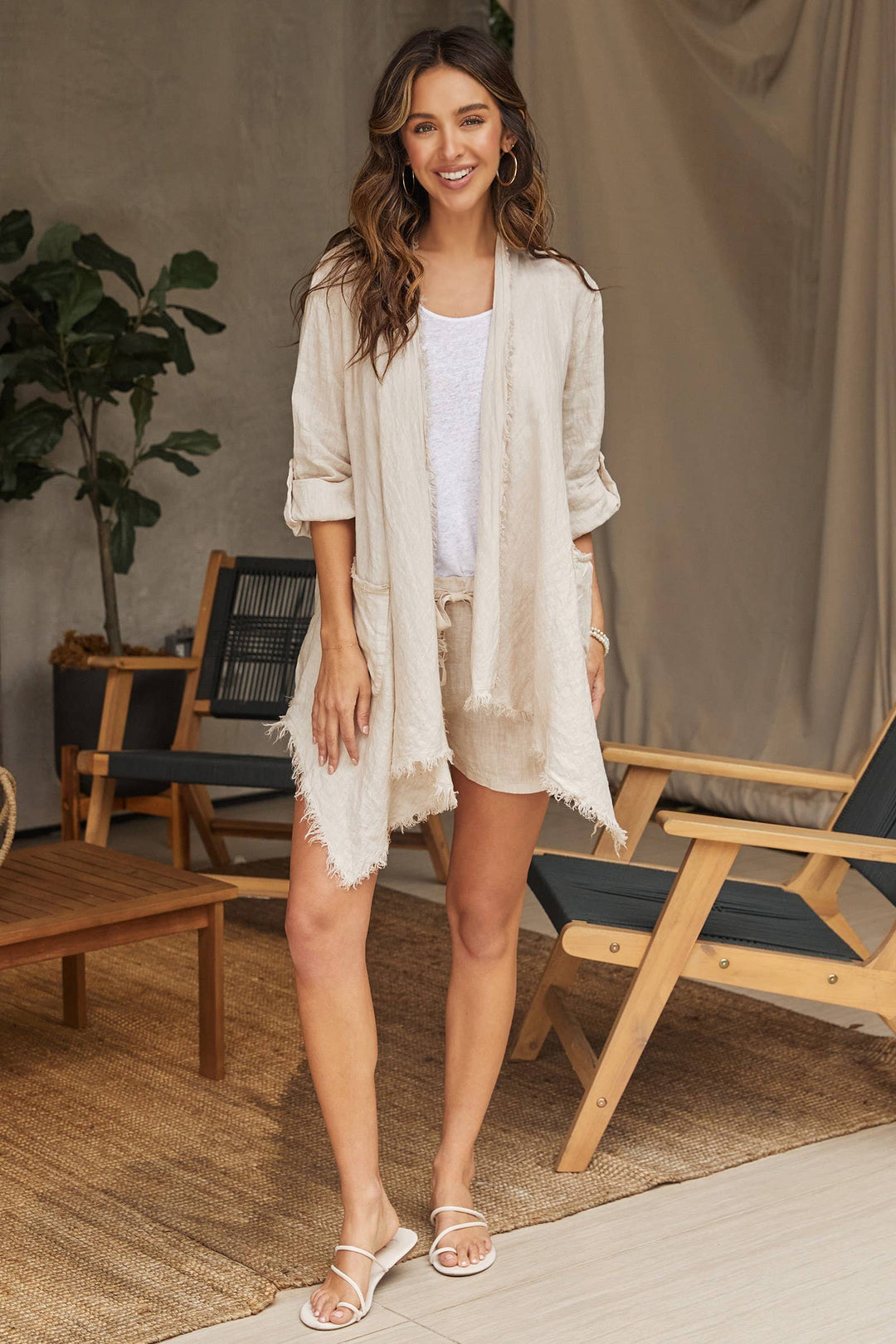 LINEN ASYMMETRICAL CARDI Beige / M