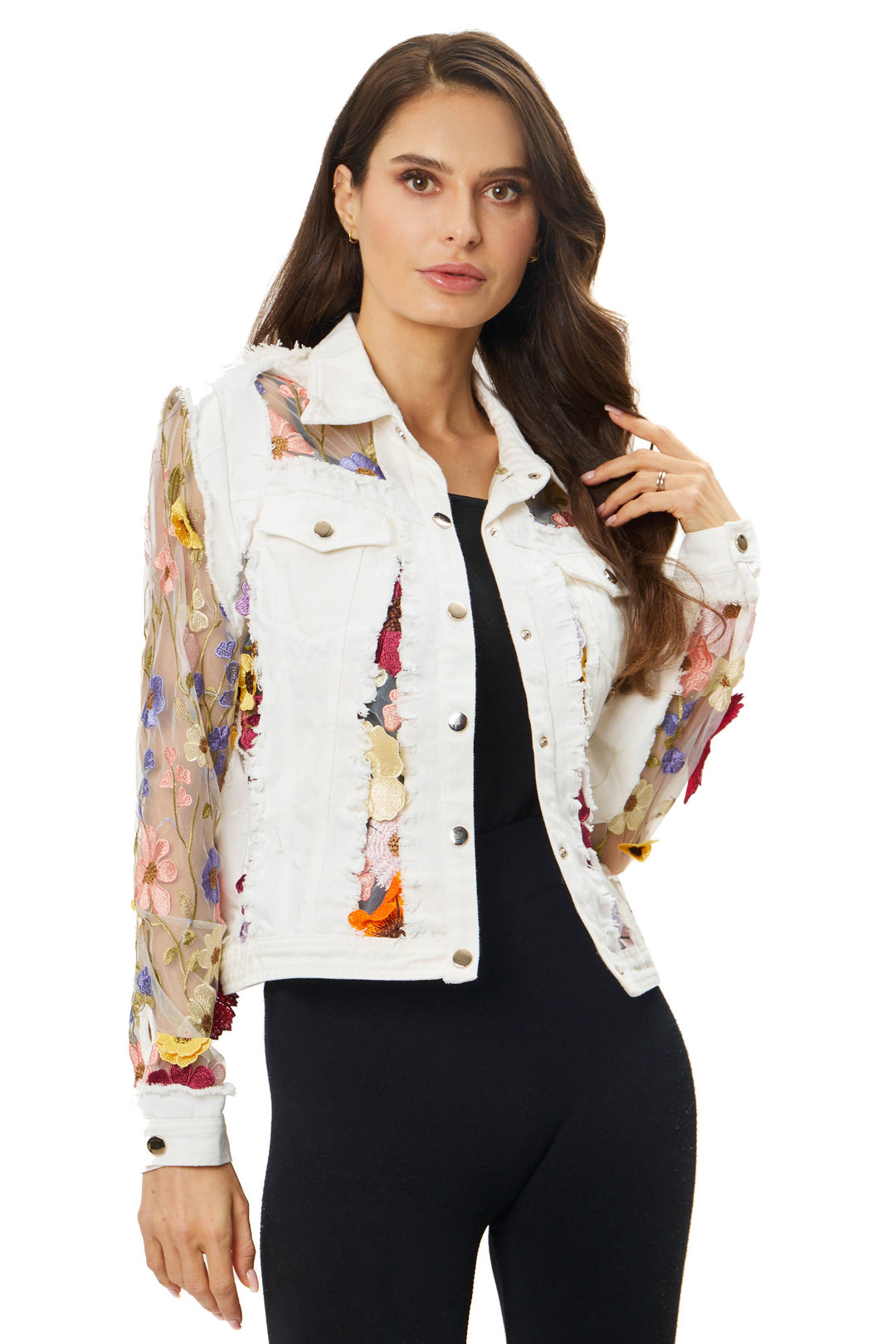 White Denim Jacket with Floral Embroidery: L