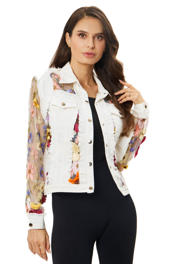 White Denim Jacket with Floral Embroidery: XL