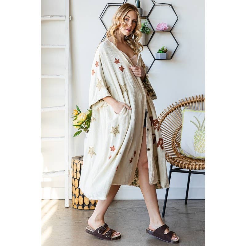 STAR BUTTON FRONT DUSTER: BLUE