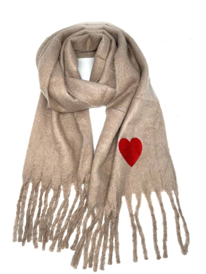 Big fringe scarf with embroidered heart : White