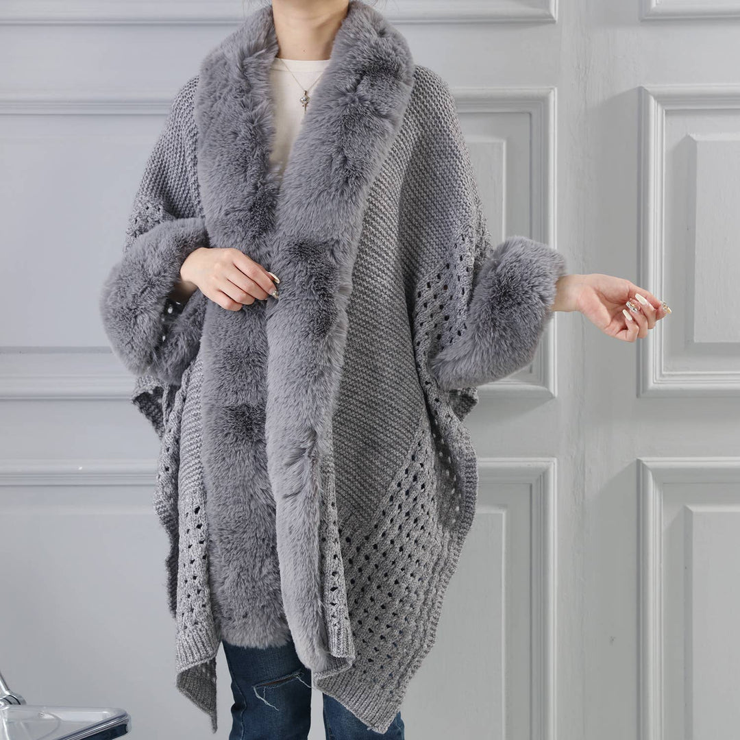 PE364 Hand knitted crochet fur trim cape: Black