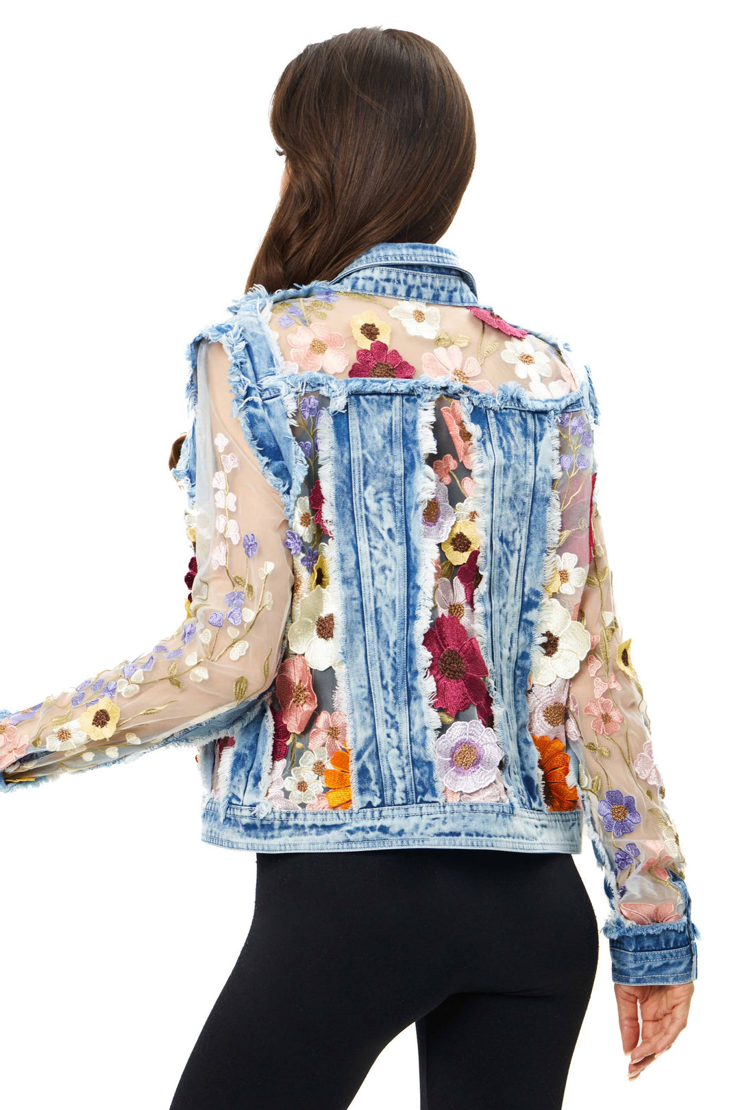 Denim Lace Jacket with Floral Embroidery: XL