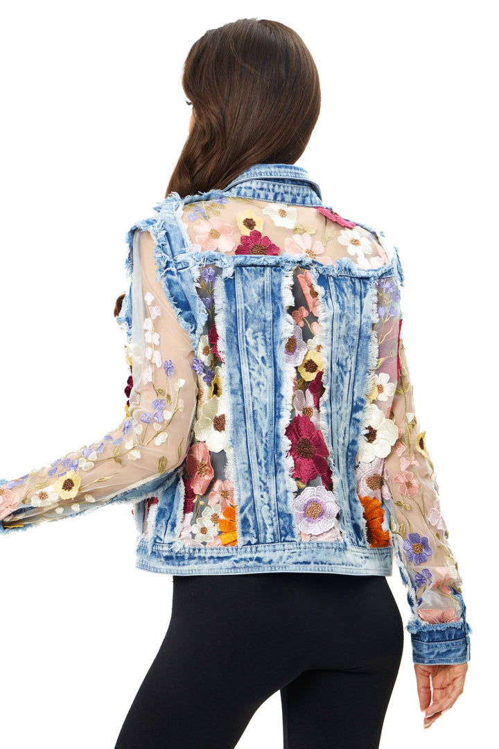 Denim Lace Jacket with Floral Embroidery: S