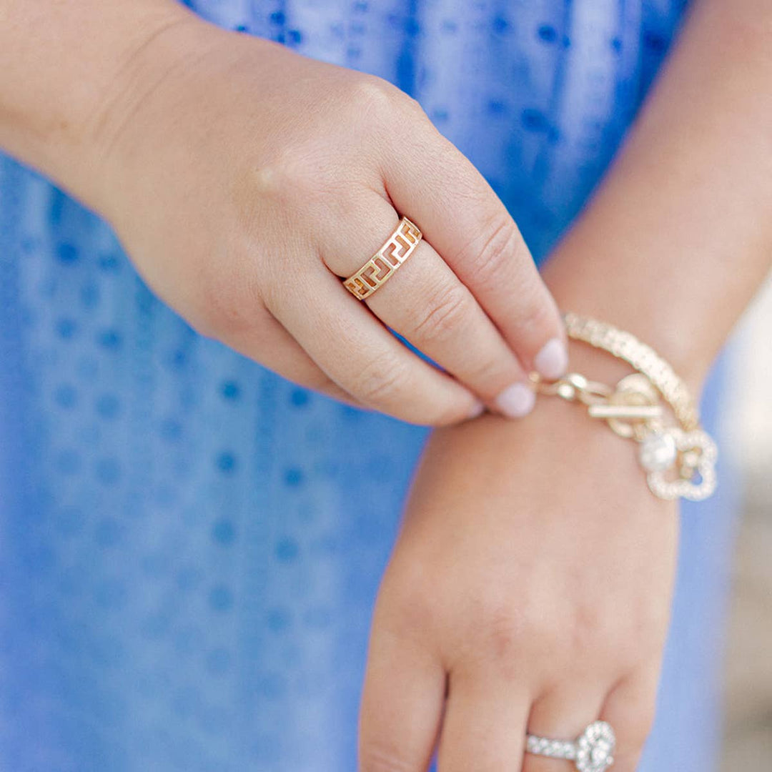 Ryan Greek Keys Ring in Worn Gold, Size 7