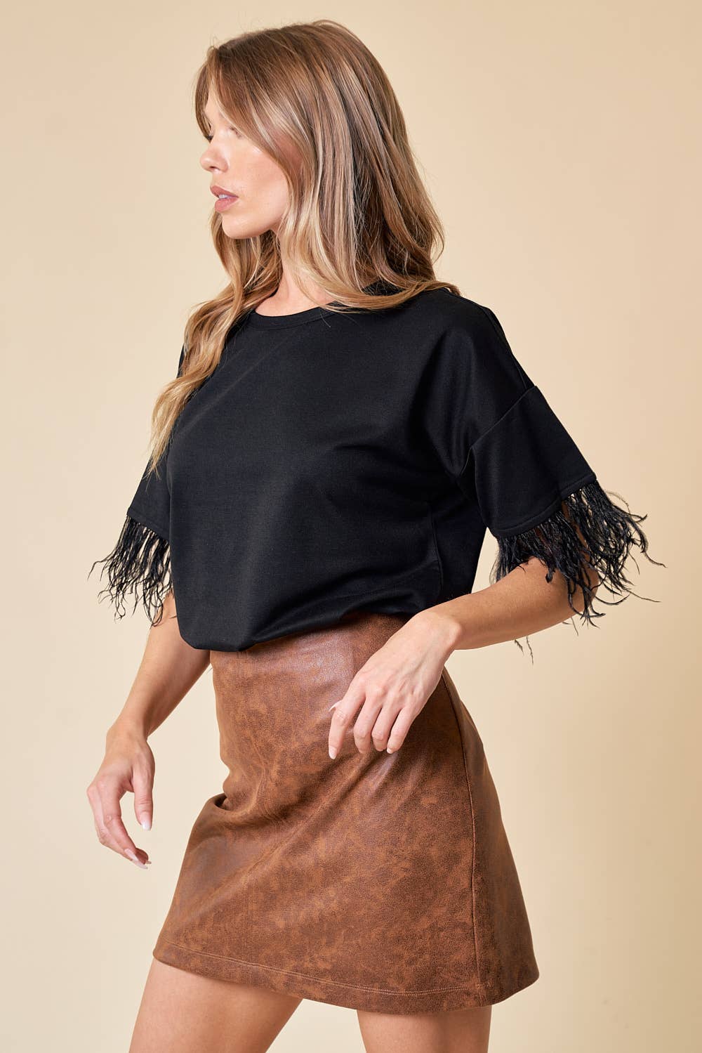 Top With Feather Trim - 13699T: Black / S