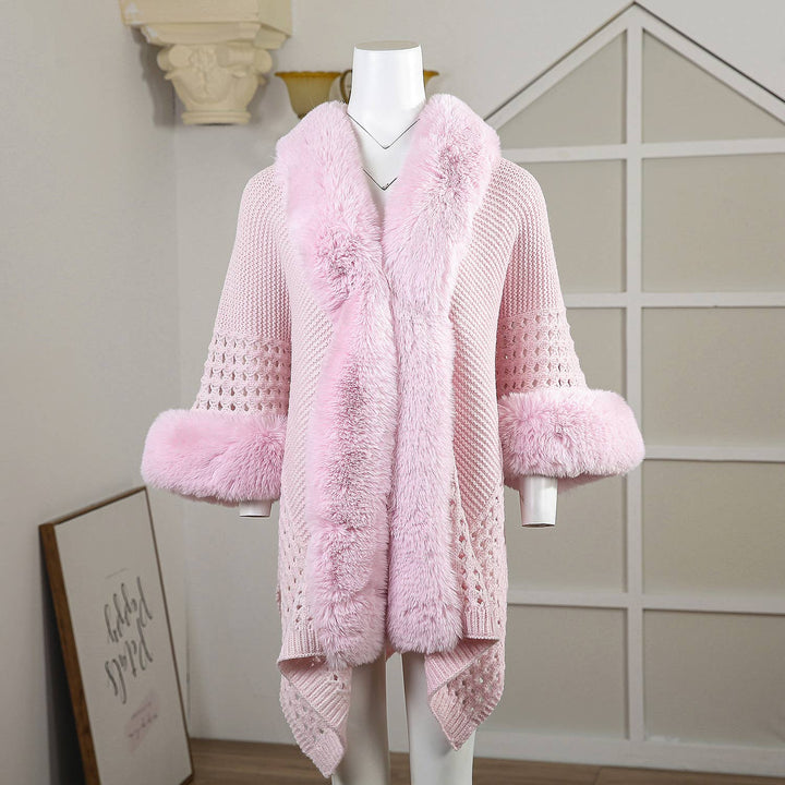 PE364 Hand knitted crochet  fur trim cape: Blush