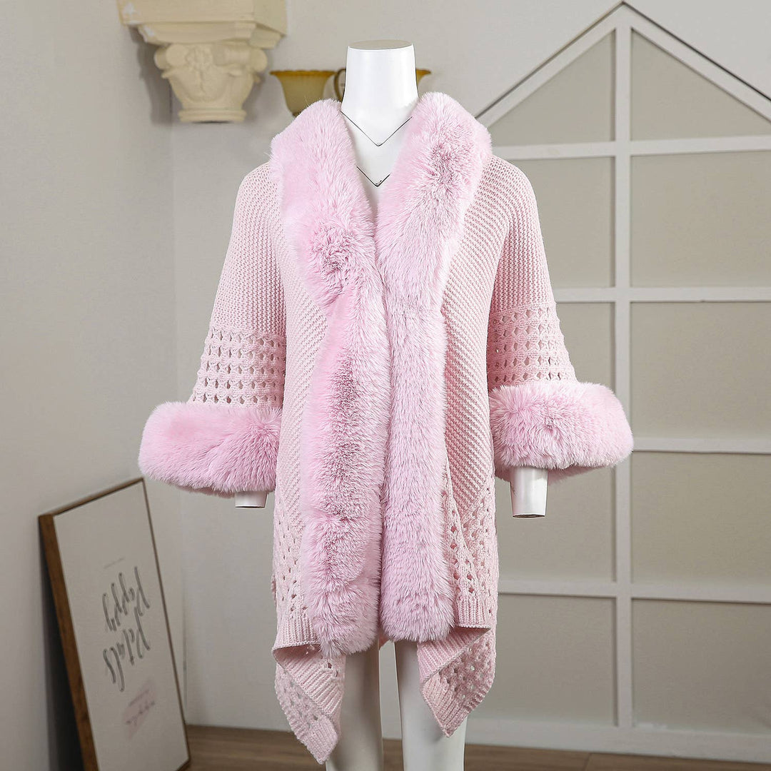 PE364 Hand knitted crochet fur trim cape: Baby Blue