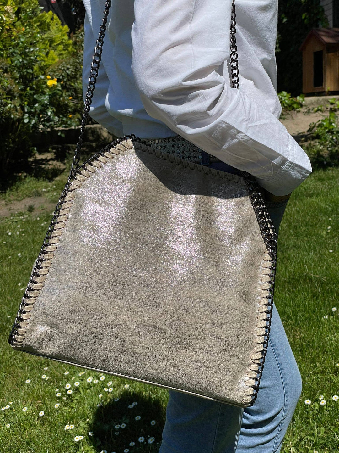 Party Bag with Metal Chains: Beige