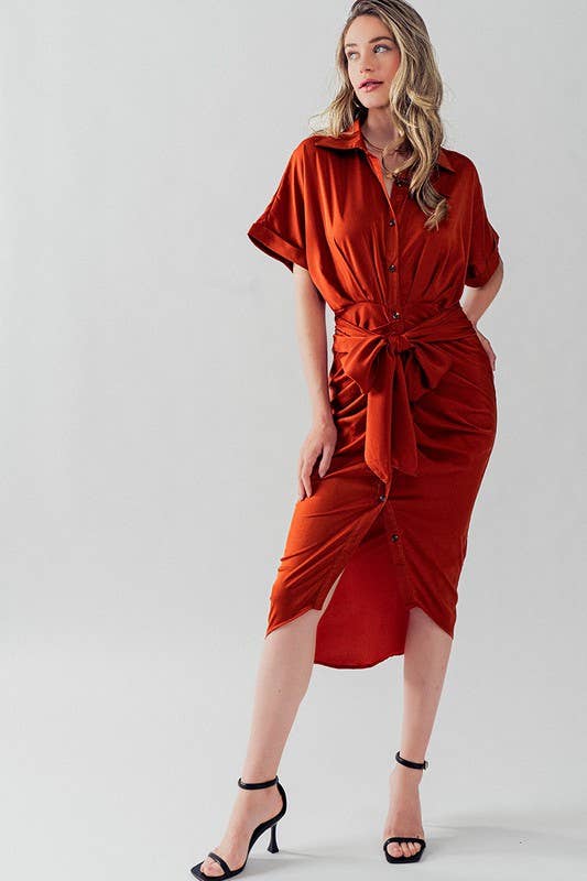 WAIST TIE BELT MIDI SHIRT DRESS: TEAL