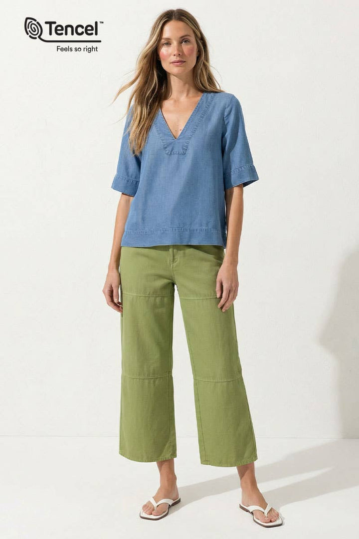 V-Neck Band Blouse: Dark Blue / M