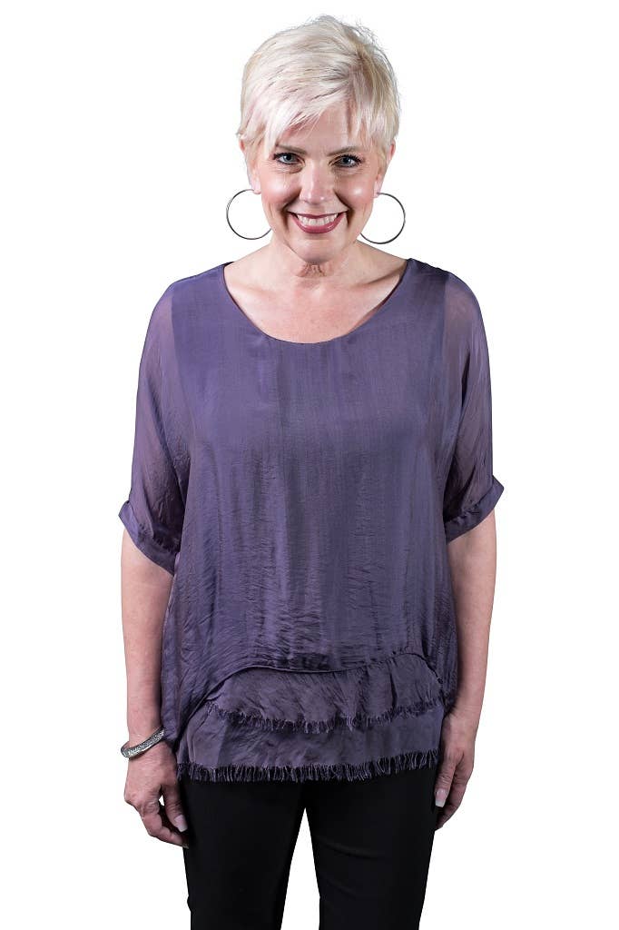 Adriana Silk Double Raw Edge Top (BQ209): Navy