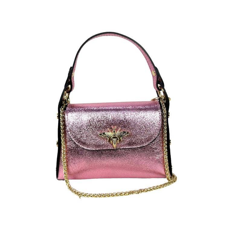Metallic Leather Bag w/ Studs and Bee: Fuchsia