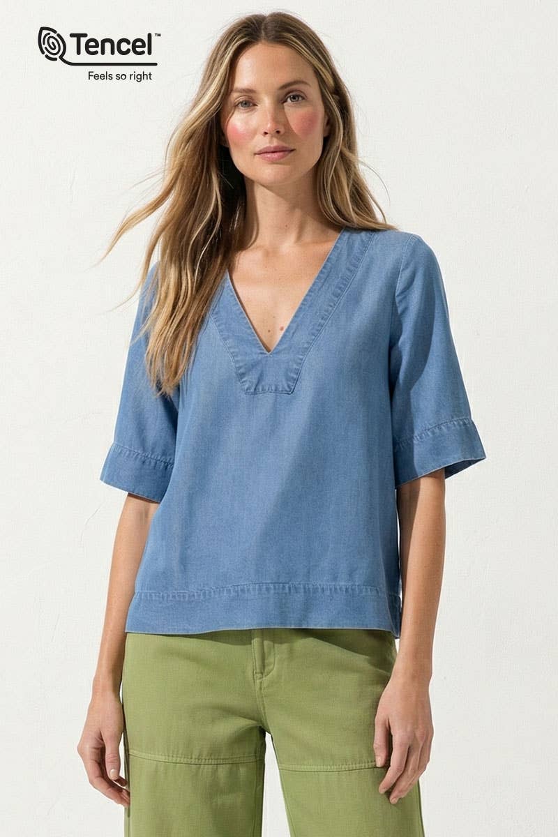 V-Neck Band Blouse: Dark Blue / M