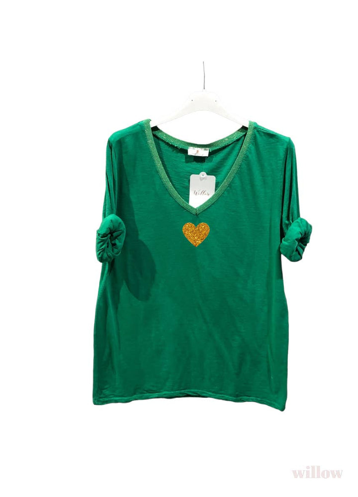 Gold heart long sleeve lurex collar top: Beige