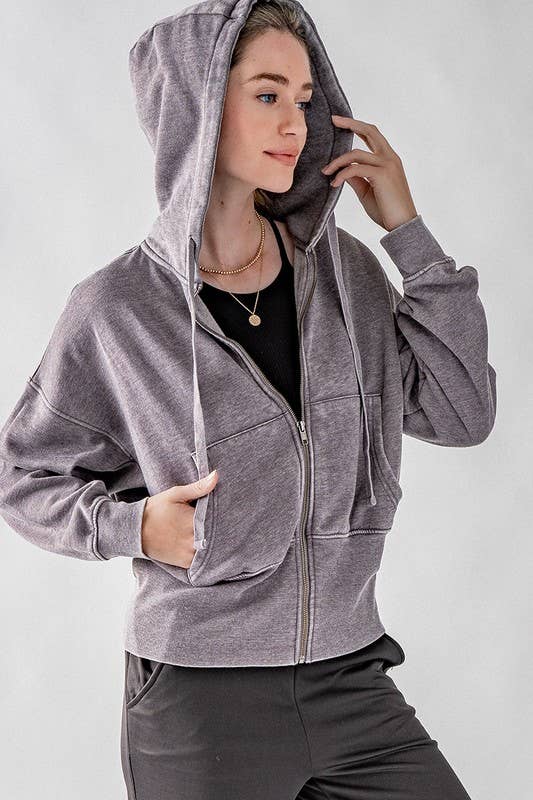 WASHED ZIP UP HOODIE JKT: BLUE FOG