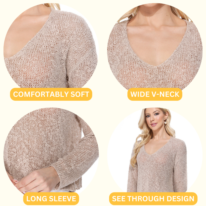 Mak - Long Sleeve V-Neck Cropped Summer Knit Pullover MK8268: IVORY / M