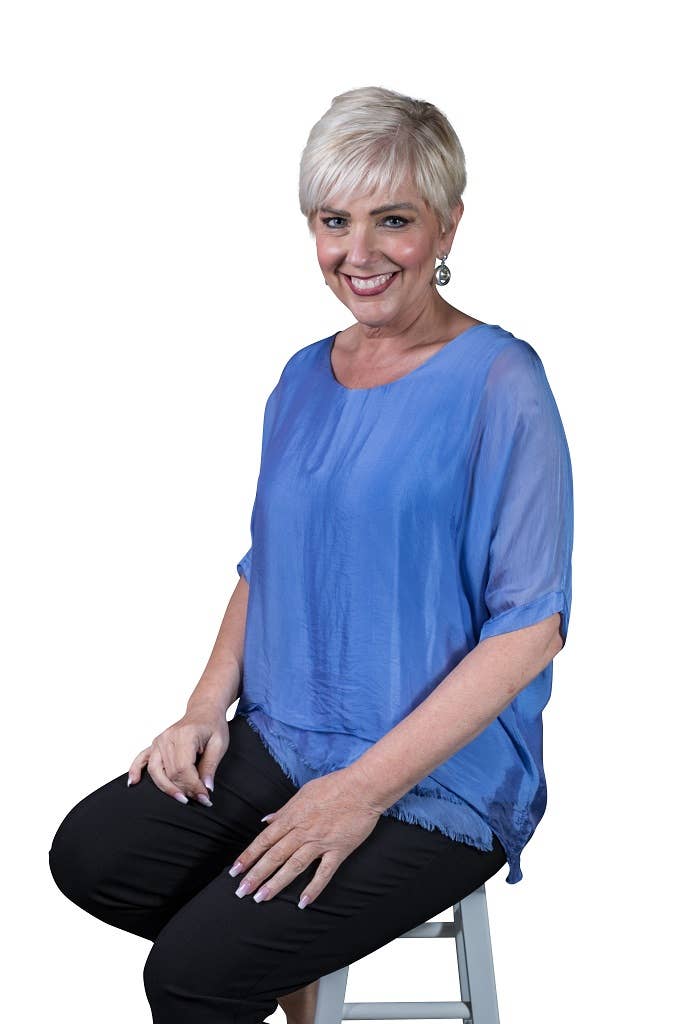 Adriana Silk Double Raw Edge Top (BQ209): Navy