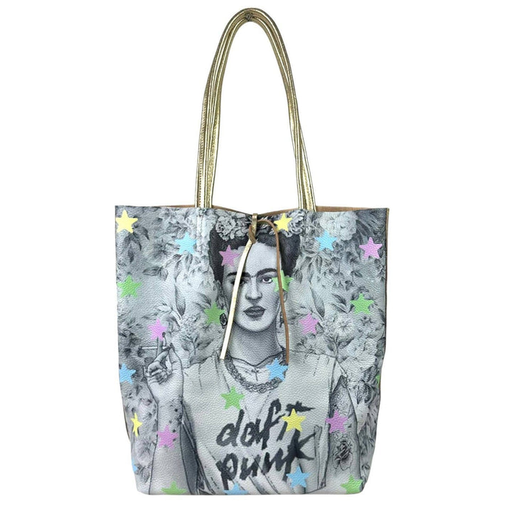 Leather Shopper Bag with Frida Kahlo: Blue
