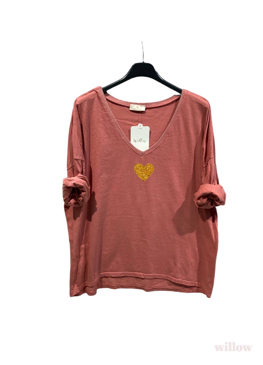 Gold heart long sleeve lurex collar top: Jeans