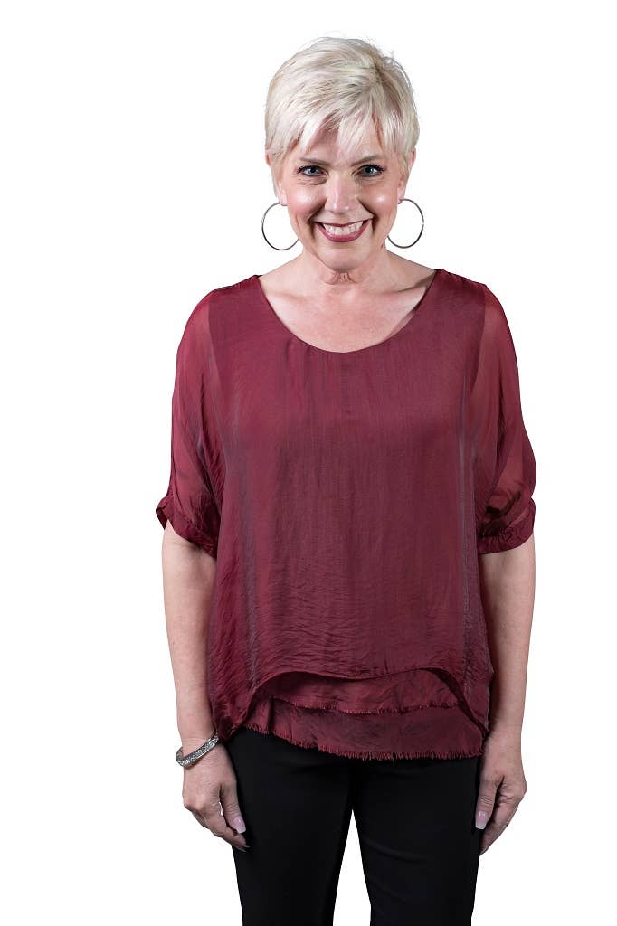 Adriana Silk Double Raw Edge Top (BQ209): Navy