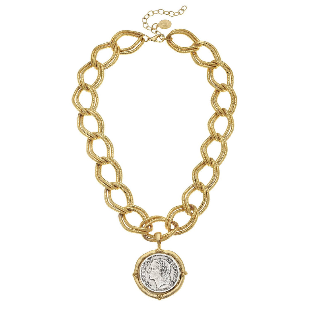 Silver Coin on Gold Chain Necklace