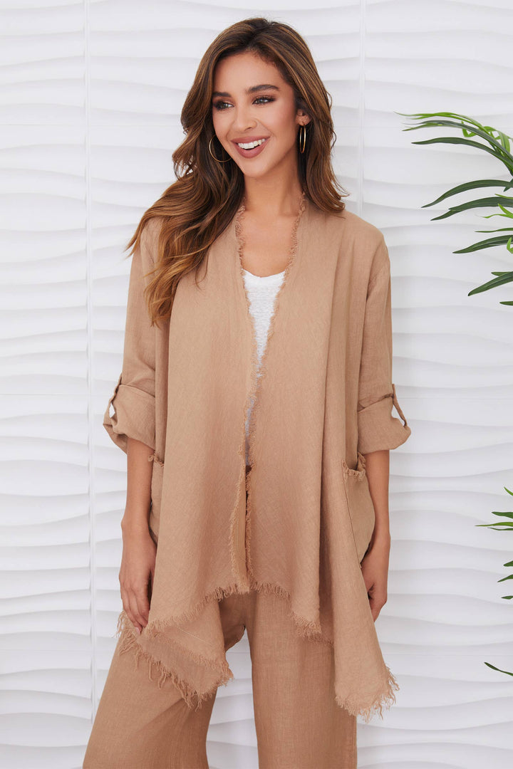 LINEN ASYMMETRICAL CARDI Beige / M