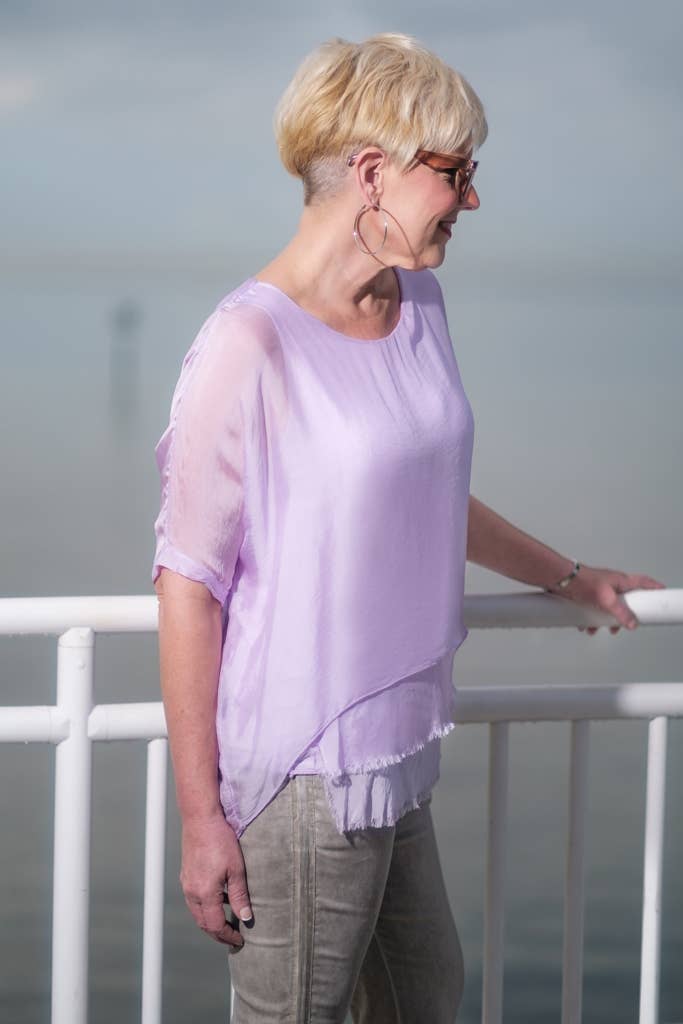 Adriana Silk Double Raw Edge Top (BQ209): Navy