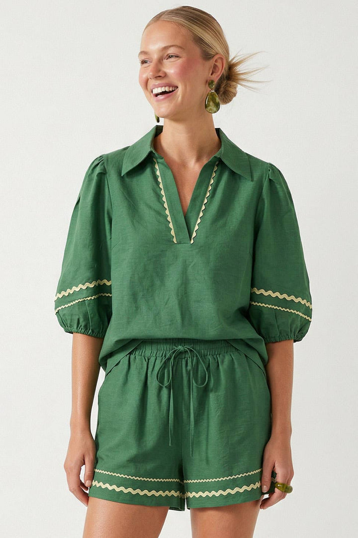 Puff Sleeve Linen Blouse: Navy / M