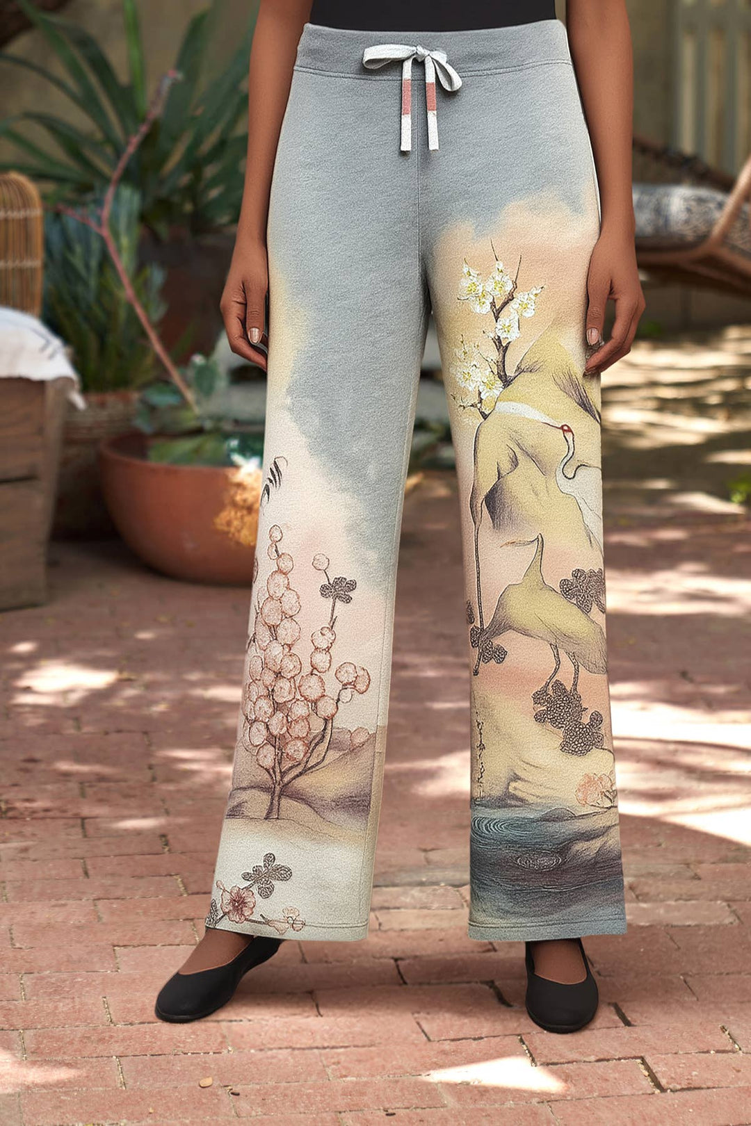Crane Print Lounge Pant: Gray / XL