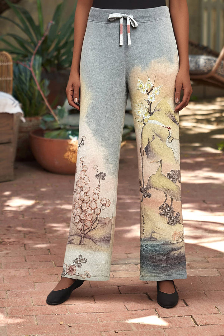 Crane Print Lounge Pant: Gray / S