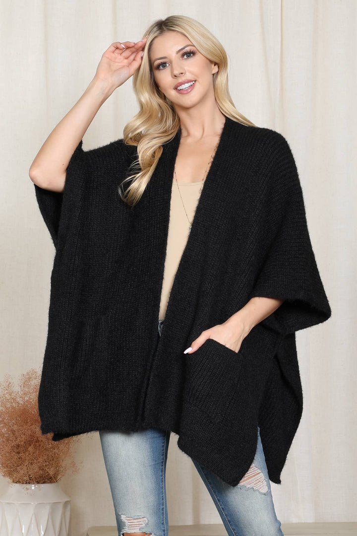 KNIT SOLID WITH POCKET KIMONO: NAVY