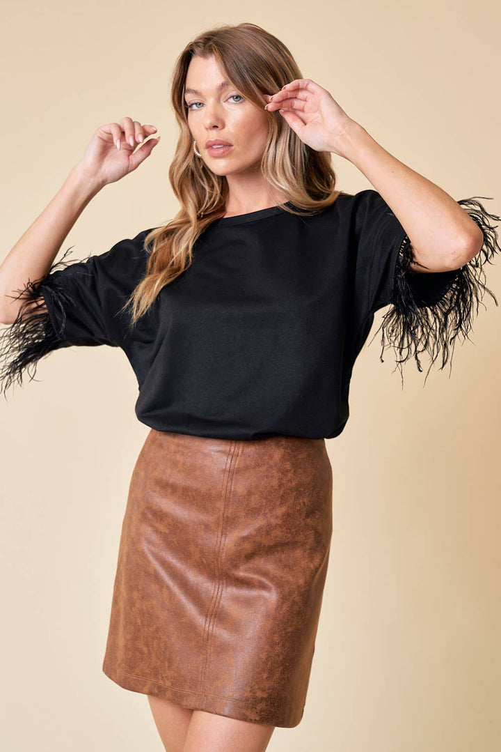 Top With Feather Trim - 13699T: Black / L