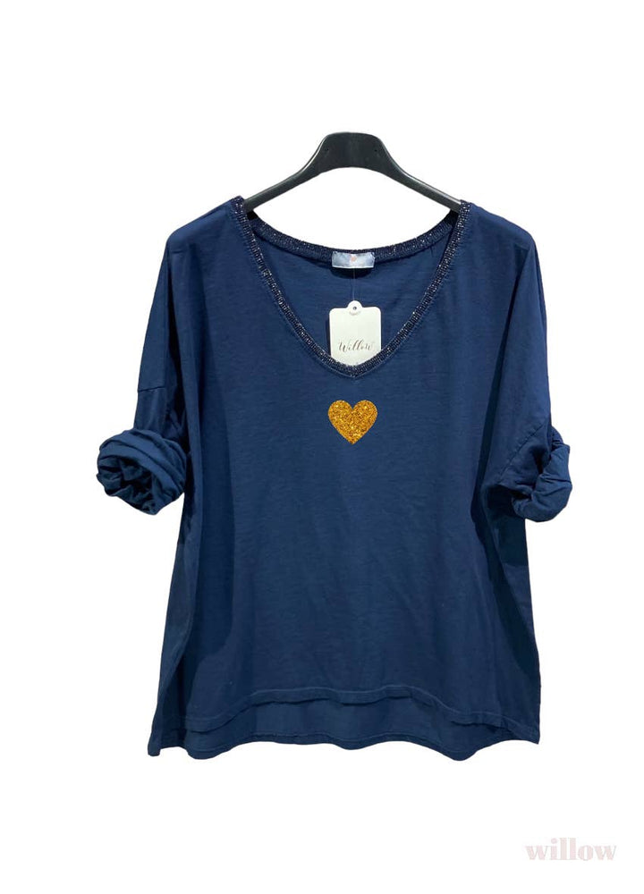 Gold heart long sleeve lurex collar top: Black