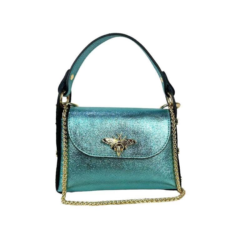 Metallic Leather Bag w/Studs and Bee: Gold