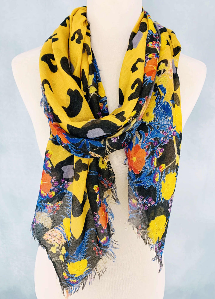 Leopard & Floral Border Scarf/Shawl: Yellow