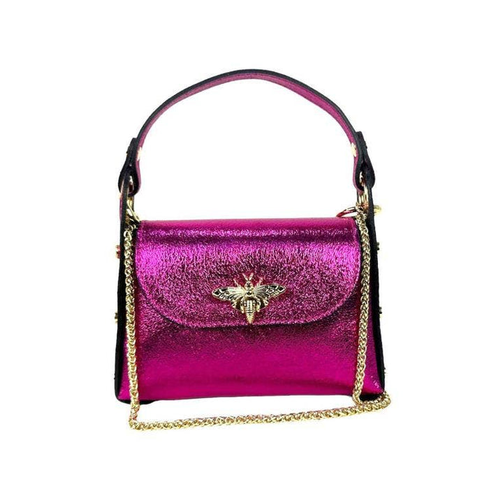 Metallic Leather Bag w/ Studs and Bee: Fuchsia
