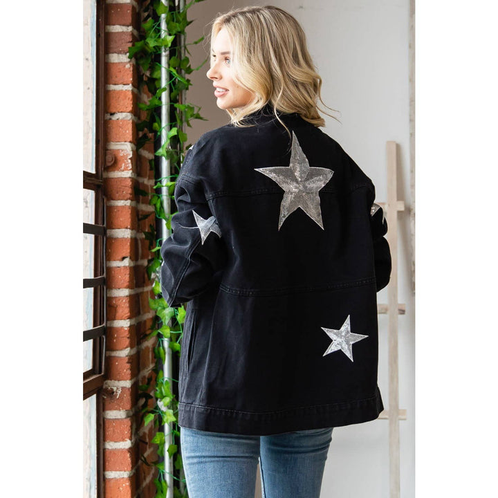 Sequins Star Patch Denim Jacket: Black / M