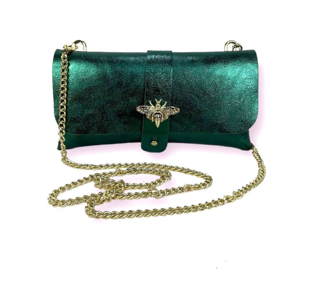 Leather Party Bag with Chain: Bottle Green