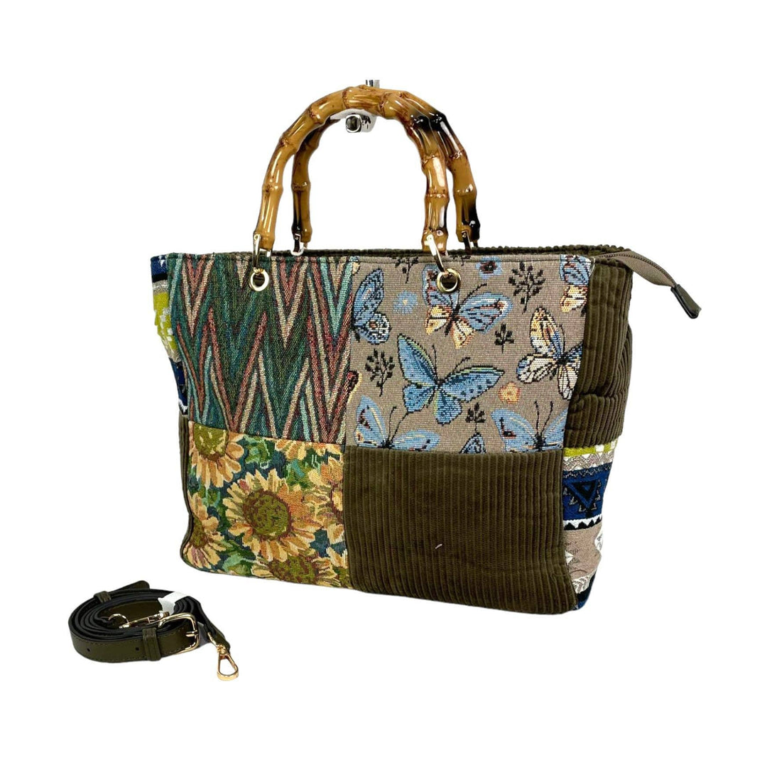 Amplio Bolso de Tela con Asas de Nácar Estilo Bambú. Verano